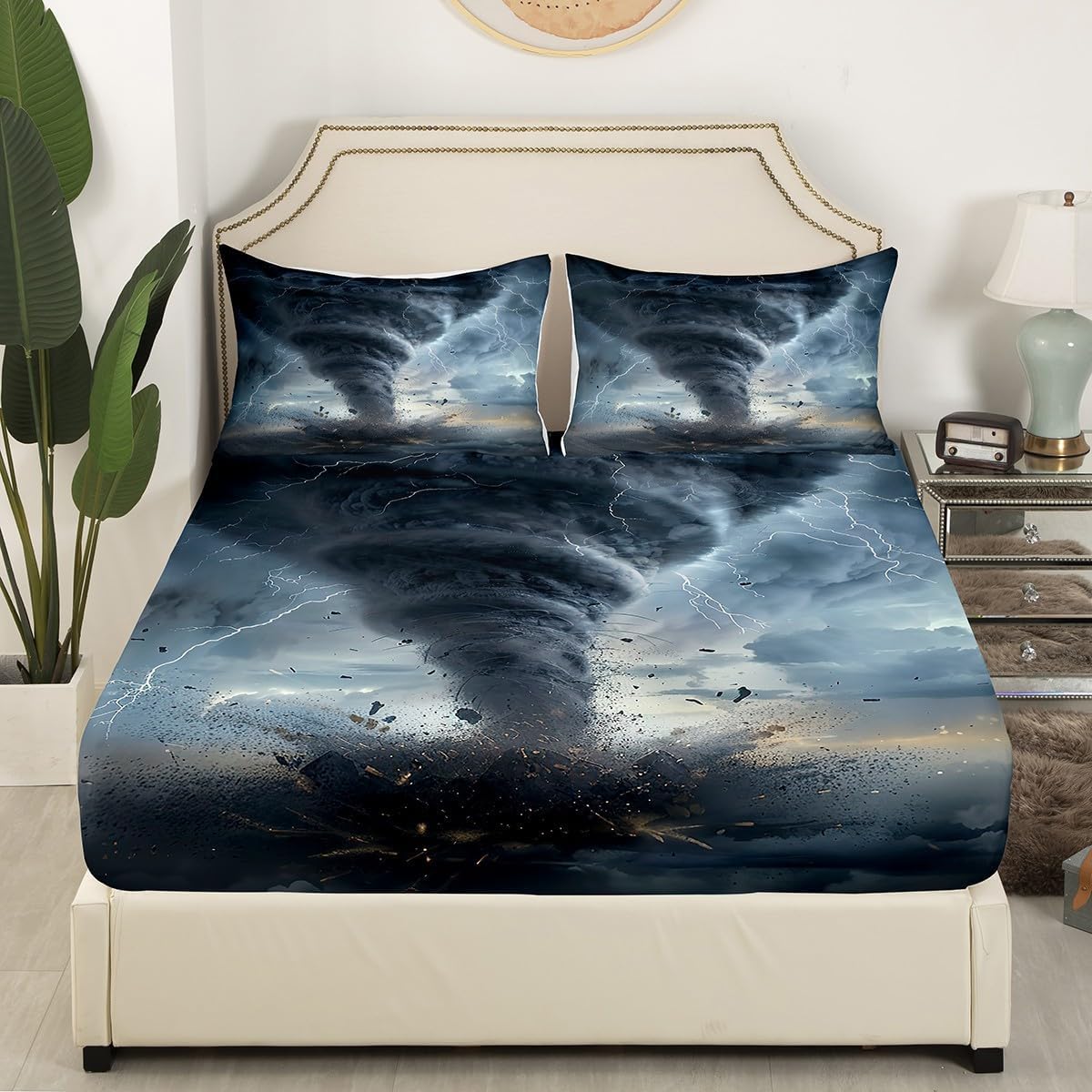 Castle Fairy 3D Tornado Fitted Sheet Queen Size Lightning Bedding Set Natural Disaster Sheet Set,Tornado Pattern Bed Cover Ultra Soft Breathable Bedspread 3 Pcs for Kids Teens Boys No Flat Sheet