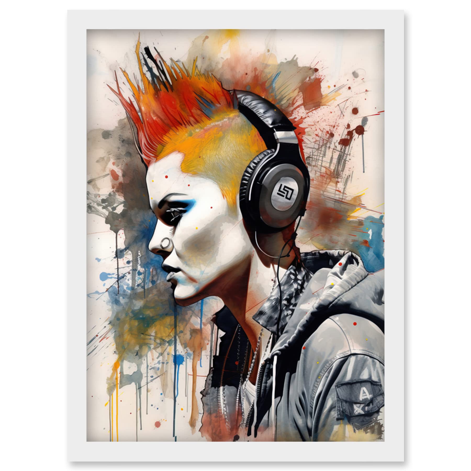 Artery8 Edgy Young Punk Woman with Red Mohawk and Headphones Listening to Music Modern Watercolour Painting Artwork Framed Wall Art Print A4