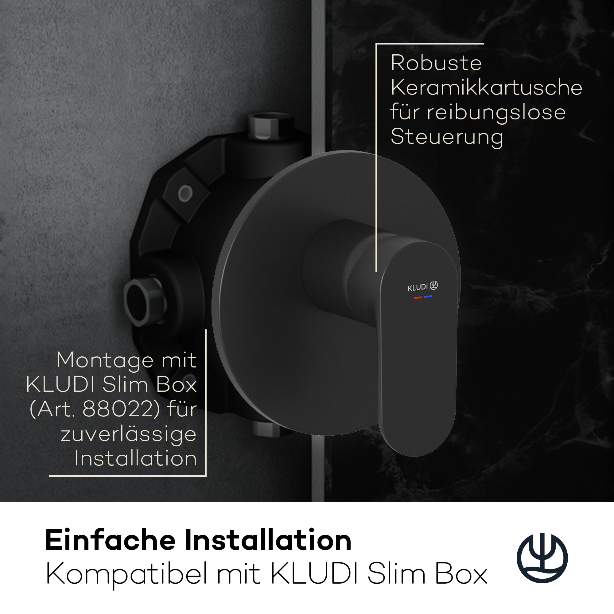 KLUDI -X1 podtynkowa armatura prysznicowa z ogranicznikiem ciepłej wody, bateria prysznicowa z wysokiej jakości ceramicznym wkładem do łazienki, czarna matowa, wymagane akcesoria KLUDI Slimbox (art.