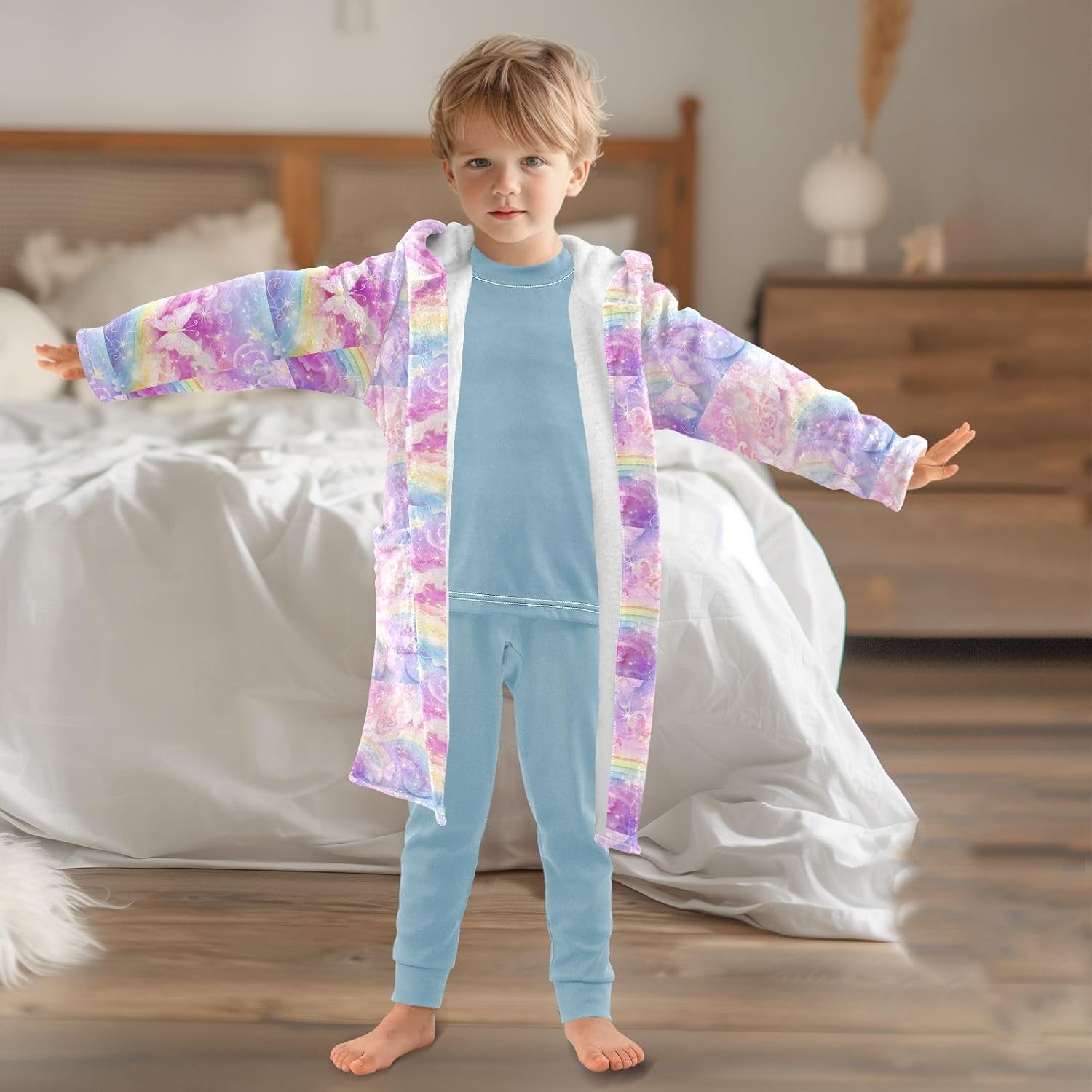 senya Rainbow Butterflies Toddler Hooded Bathrobe Kids Soft Plush Bath Towel Robes for Boys Girls 2-12 Years