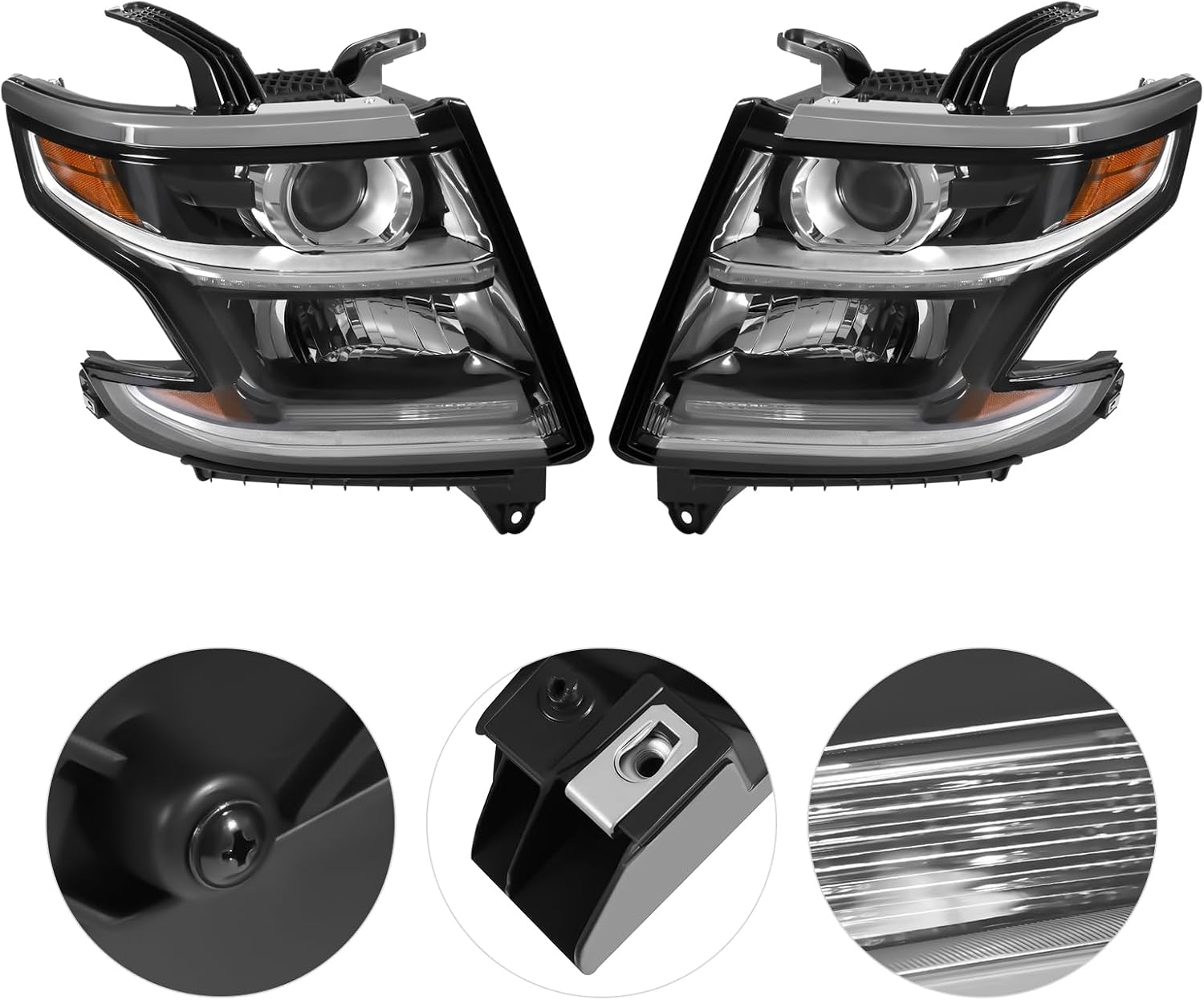 LYNICESHOP Headlight Assembly for 2015 2016 2017 Tahoe Suburban - Halogen Headlight with LED Daytime Running Light & LED Side Marker, Clear Lens Black Housing, OE#23490005 23490006 (A pair)