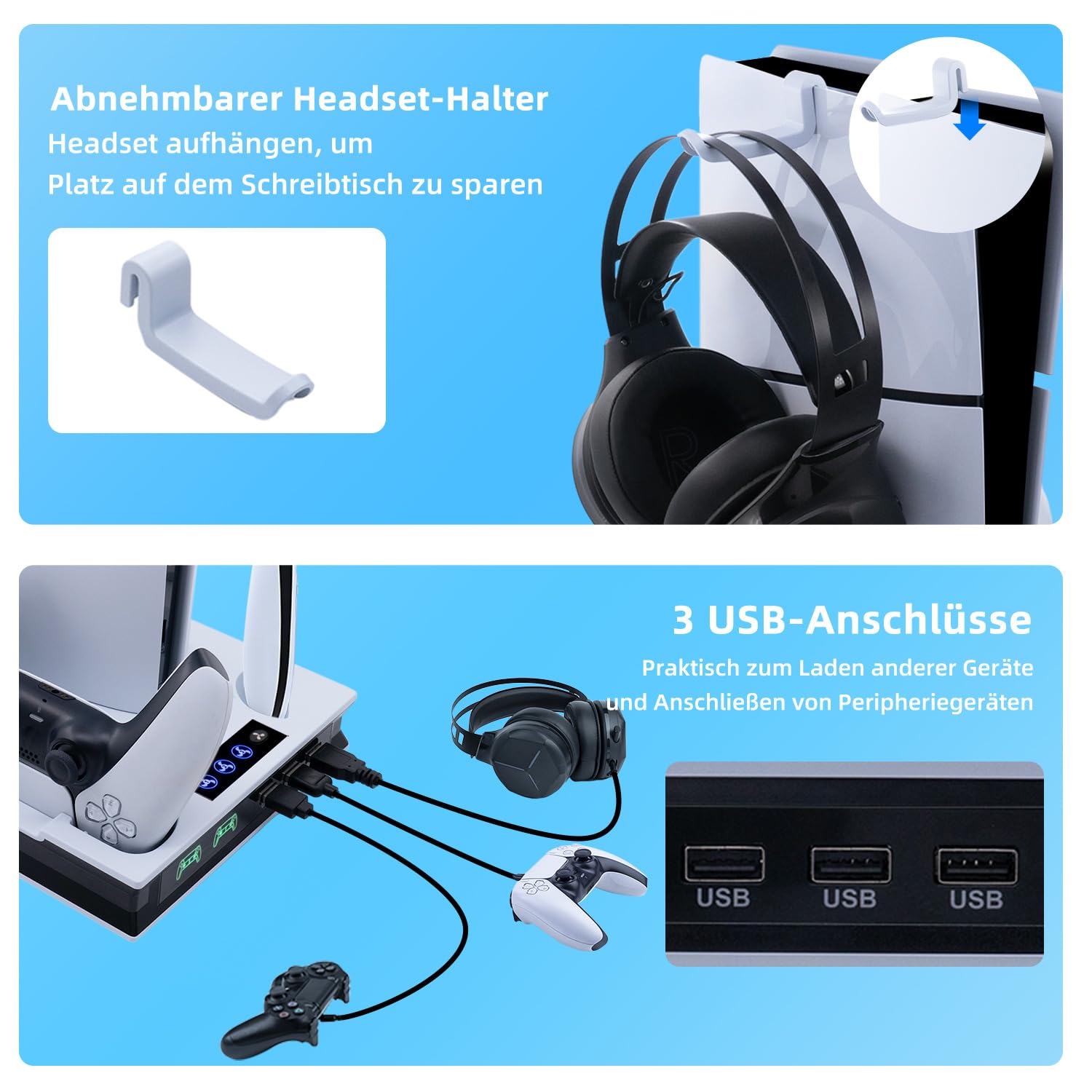 Mcbazel PS5 Pro/ PS5/ PS5 Slim Ladestation Ständer mit 3 Stufig Lüfter und Licht, PS5 Ständer Controller Ladestation LED Standfuß mit Magnet für PS5 Pro/PS5 /PS5 Slim UHD/Digital Edition - Weiß