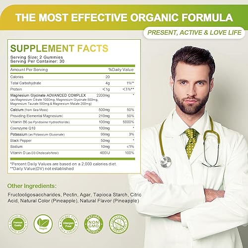 Miniatura 5 de GREENPEOPLE Glicinato de magnesio 500 mg gomitas con citrato 1000 mg, taurato 500 mg y Matale 200 mg  Suplemento de magnesio y potasio para un