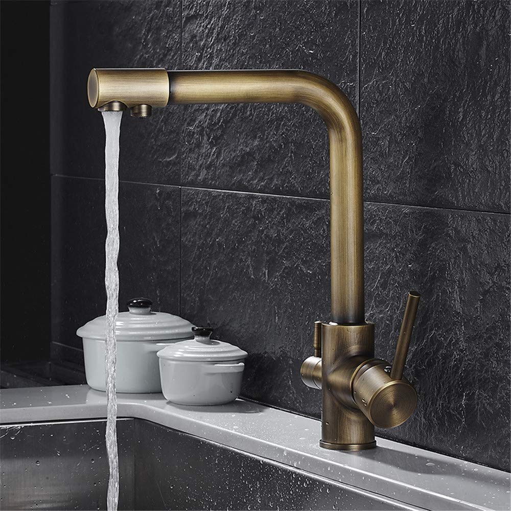Antique Fredda E Calda Da Cucina Depuratore Di Acqua Del Rubinetto Lavandino Doppio Rubinetto Rotativo Da 360 Gradi Di Bronzo A 3 Vie A Doppio Filtro Miscelatore