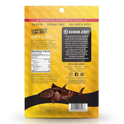 Miniatura 2 de Kaimana Ahi - Carne seca de atún glaseada con miel de 2 onzas, suave y sabrosa, cecina de pescado prémium fabricada en los Estados Unidos. Alto en
