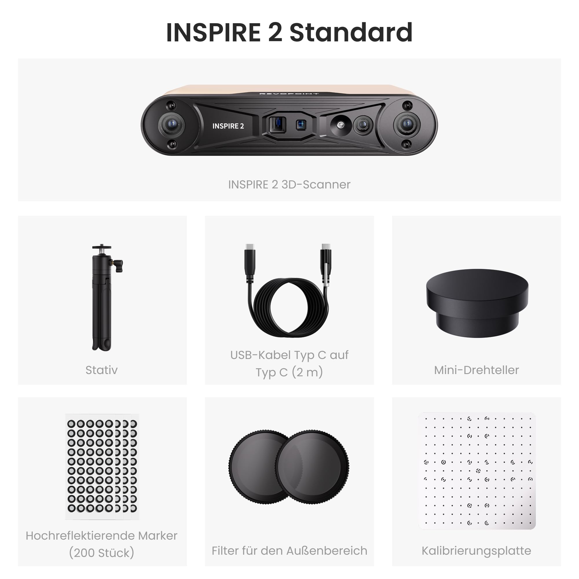 Revopoint INSPIRE 2 3D-Scanner für 3D-Druck, bis zu 0,03 mm Präzision, Mehrstrahl-Laser & Strukturiertes Licht, Scannen im Freien & Kabelloses Scannen, Vollfarbscans, Optischer Zoom, 190g, Standard