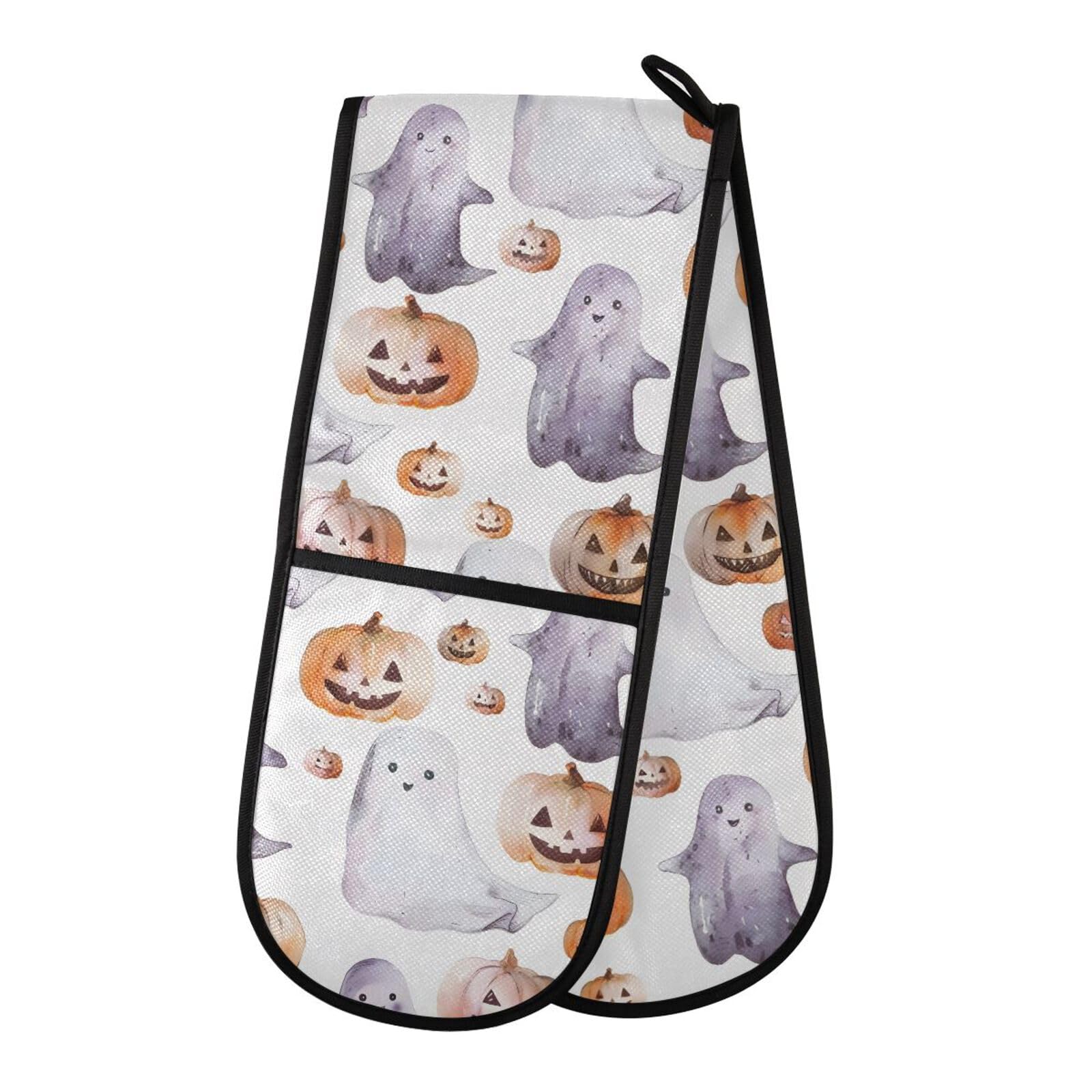 Double Oven Gloves Halloween Watercolor Ghosts Pumpkins Heat Resistant Pot Holder Oven Mitt Gloves for BBQ Cooking Baking Grilling Microwave