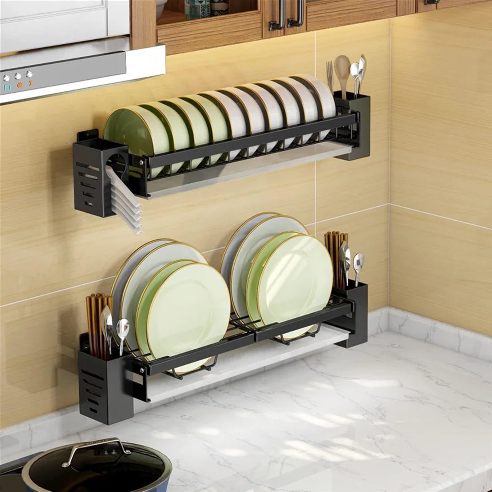 Escurreplatos de acero inoxidable montado en la pared, estante de secado de platos con bandeja, organizador de cocina, soporte para palillos, escurridor de platos colgante, estante de secado de platos