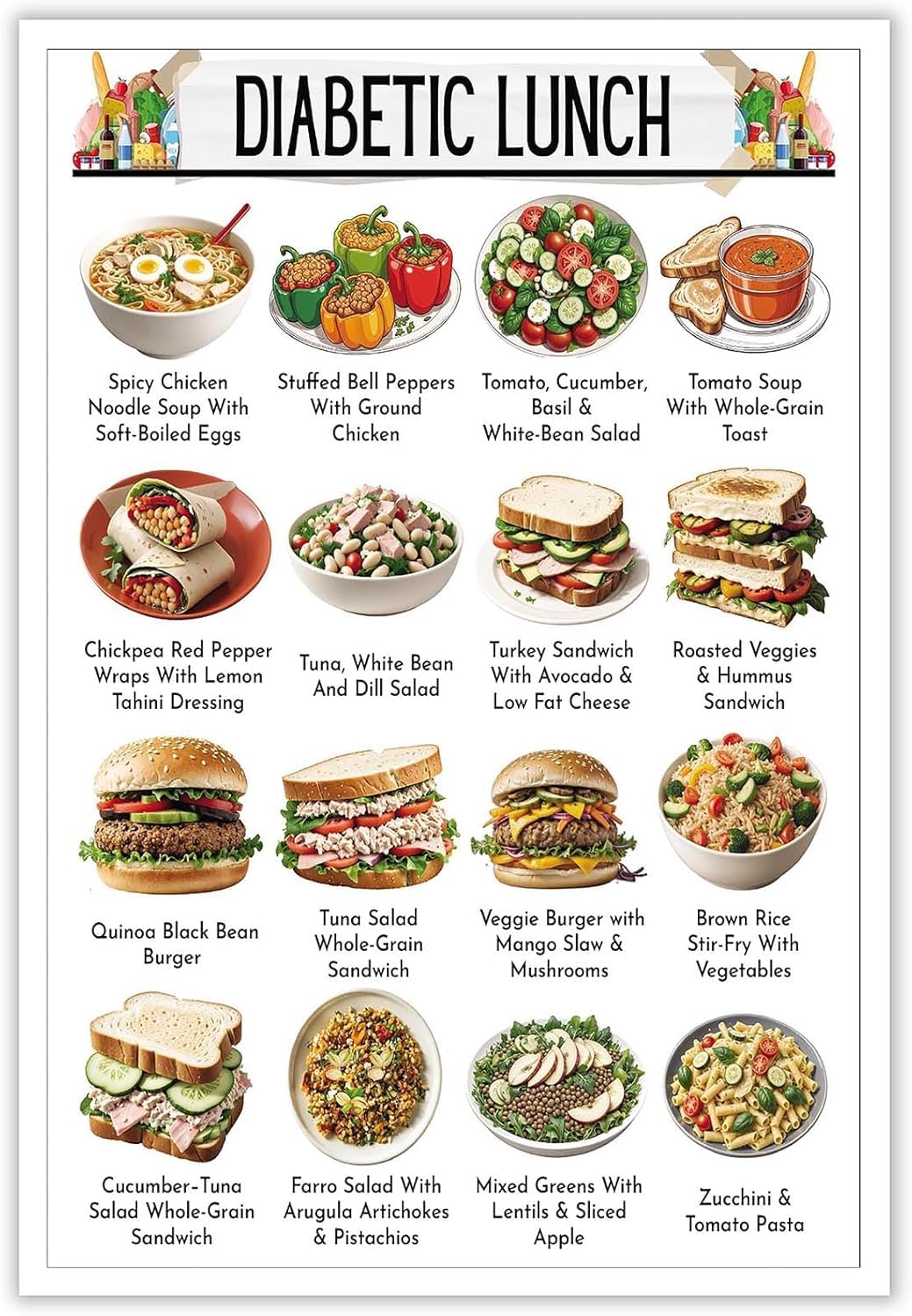 Yunking 7-Educational Posters Diabetes Lunch Diet Plan Poster Healthy Food Grocery List Prints Diabetic Food Painting Chart Diabetic Meal Plan Metal Tin Sign Wall Art For Restaurant Kitchen Room Wall Decor 8X12 Inch