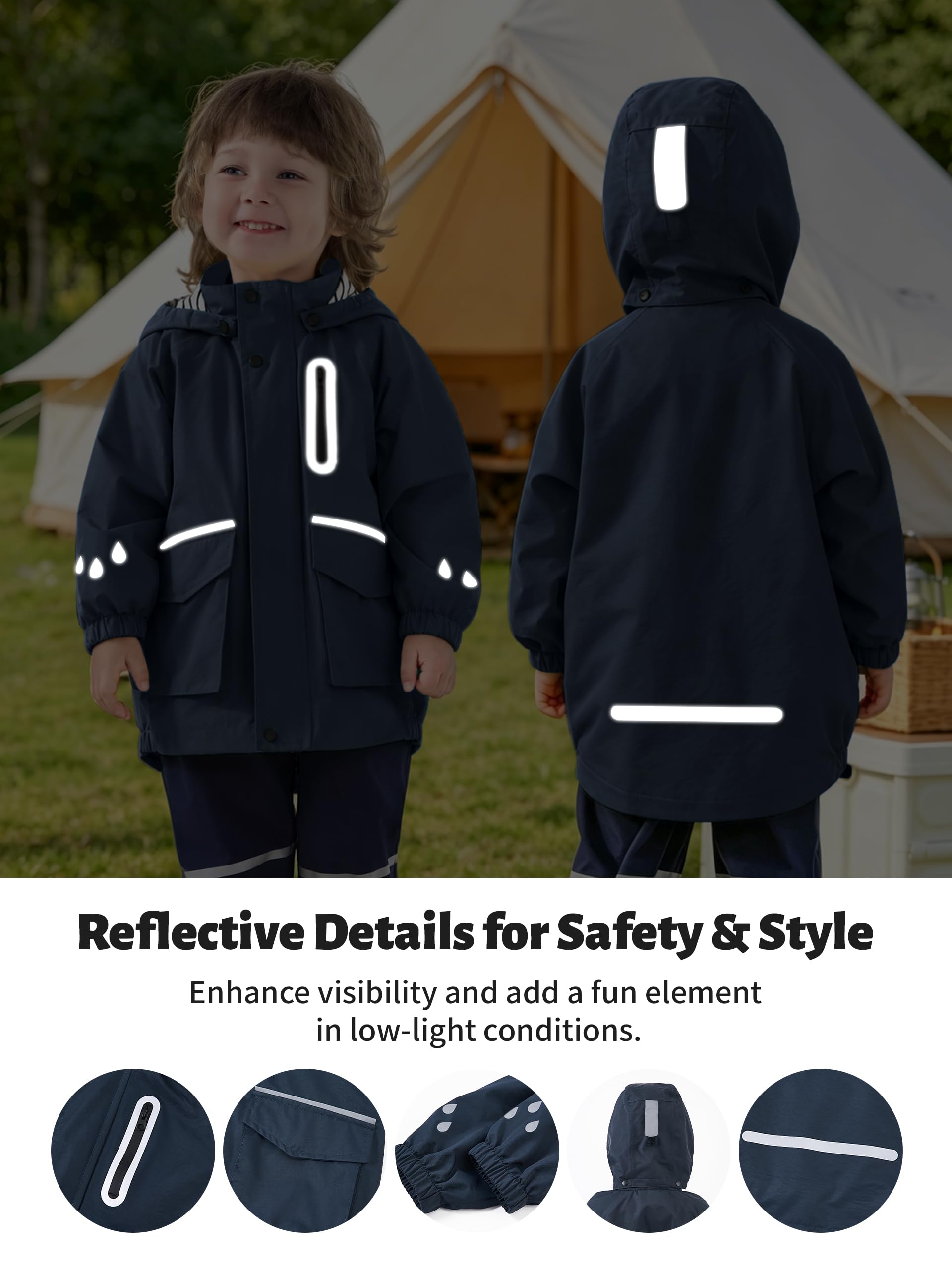Volunboy Chubasquero Impermeable Infantil, Ligero Cortavientos, Gorro Desmontable, Bandas Reflectantes, Niña y Niño 2-6 Años