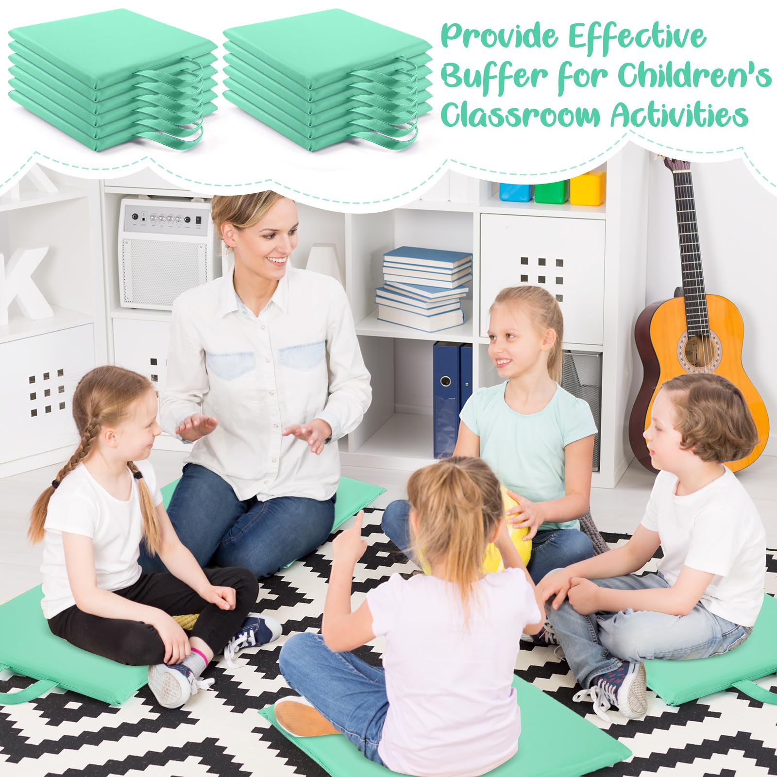 Quadratische Bodenkissen für Kinder Klassenzimmer 30*30 cm Flexible Bodensitzmöbel für Grundschulen mit Griffen Klassenzimmer-Teppichkissen für Erwachsene Kleinkinder Kindertagesstätte(Mint Green)