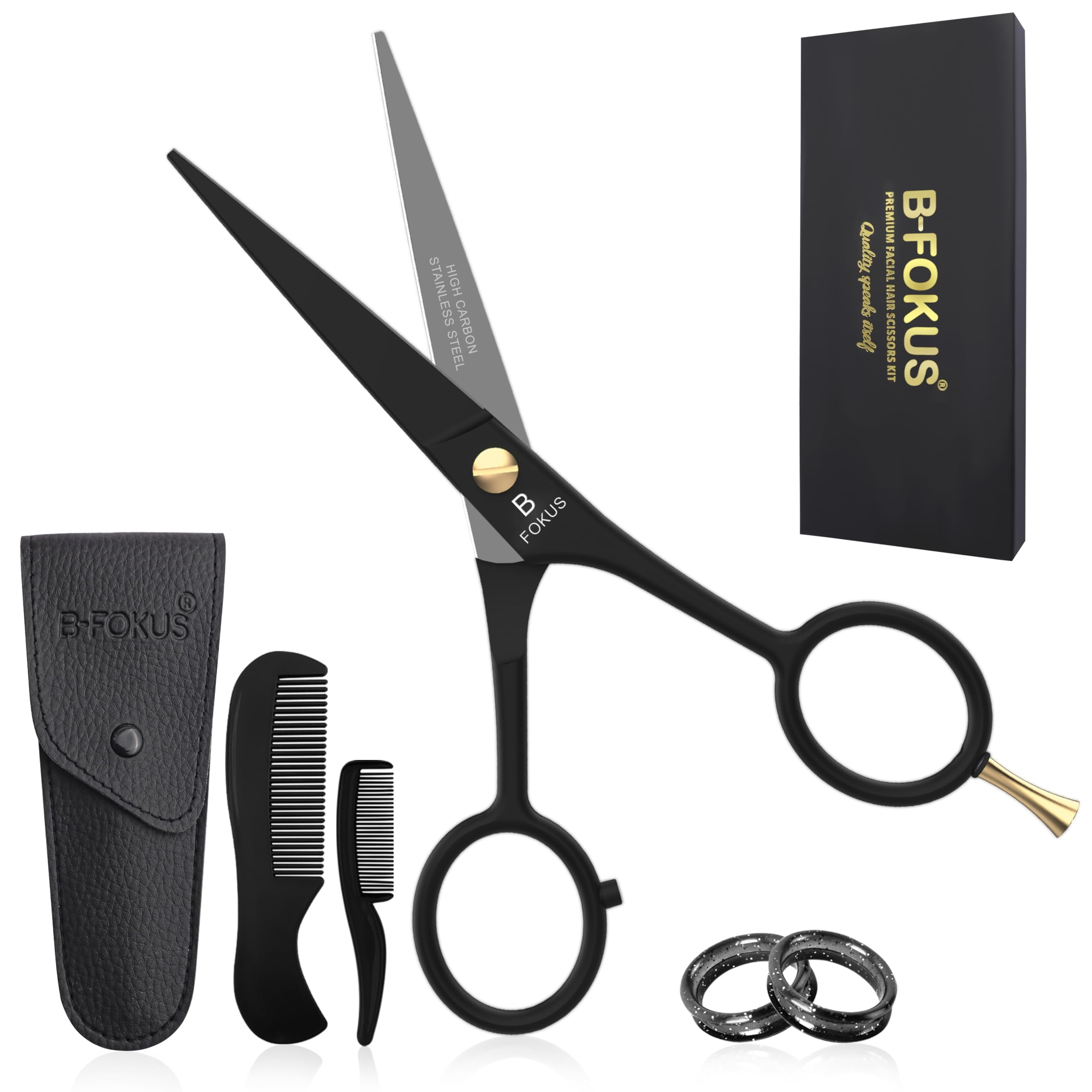 B-FOKUS 5" Professional Hair Scissors for Mustache & Beard, German Stainless Steel All-Purpose Hair Cutting Scissors for Men’s Grooming, Includes Pouch, Tweezers, Beard Comb, and Mustache Comb