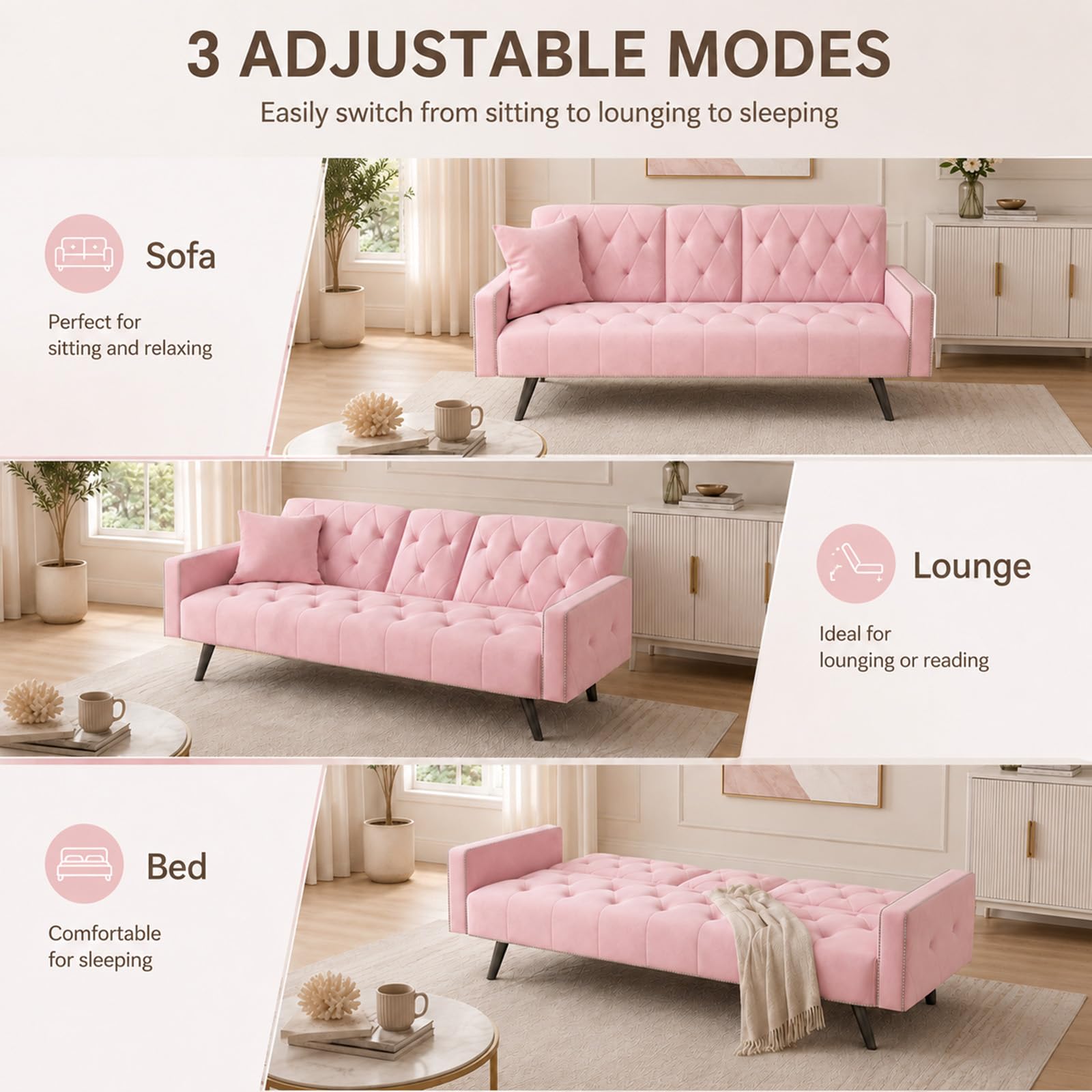 Anwick Modern Velvet 2 in 1 Futon Sofa Bed,Convertible Folding Sleeper Bed Couches with 2 Pillows,73" Tufted Recliner Love Seat with Golden Chrome Legs for Living Room Apartment Office (Pink)