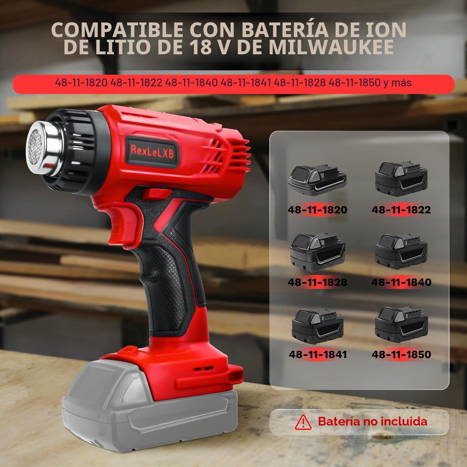 Pistola de aire caliente con pantalla inalámbrica para batería Milwaukee de 18 V de ion de litio, 400 W, 1022 ℉ (550 ℃), pistola de calor con protección contra sobrecarga, 4 boquillas para soldar,