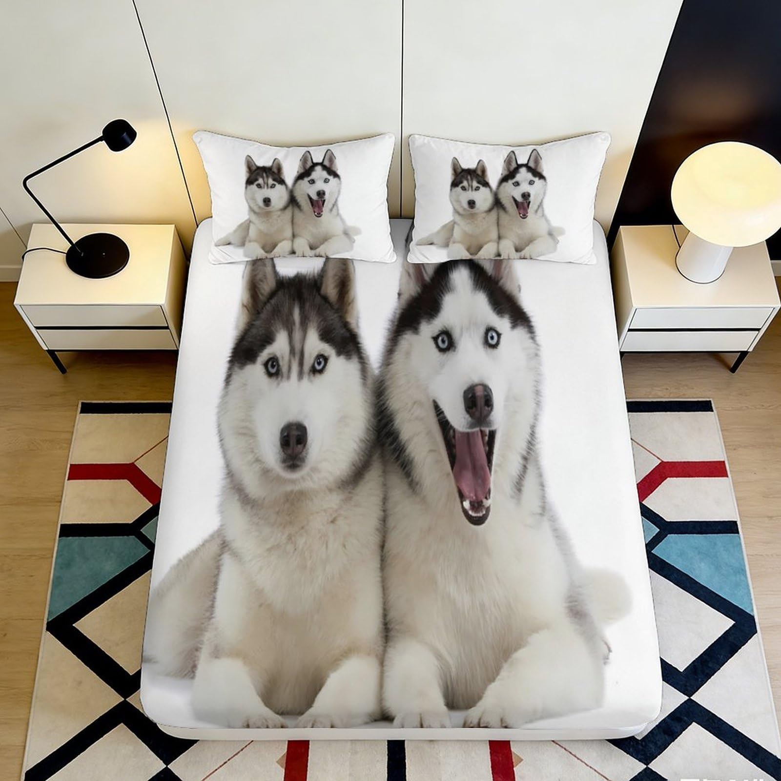 3D Printed Siberian Husky Fitted Sheet Microfiber Soft Durable Husky Puppies Bed Cover for Bedroom Dormitory Guest Room Mattress Protection 90x200x25cm