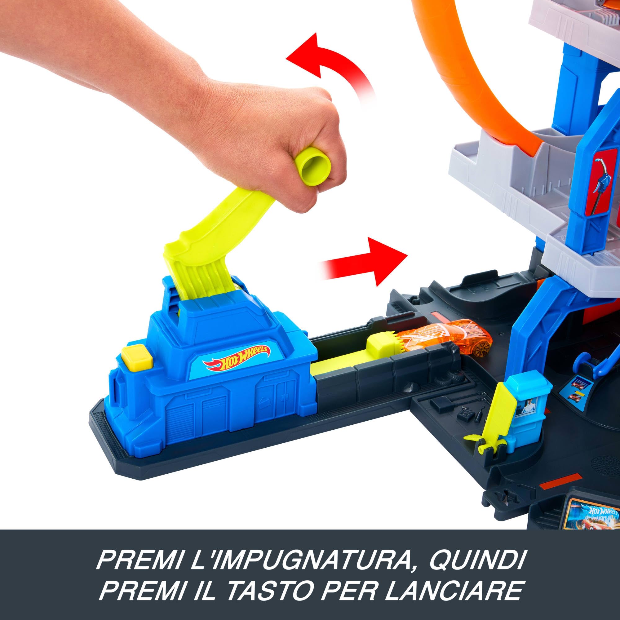 Hot Wheels - Mega Garage, Set Pista con 3 Livelli di Gioco e 2 Loop, macchinina ed Elicottero Inclusi, adattatori Speed Snap e Spazio per riporre 37 Veicoli, Giocattolo per Bambini, 4+ Anni, JLC05