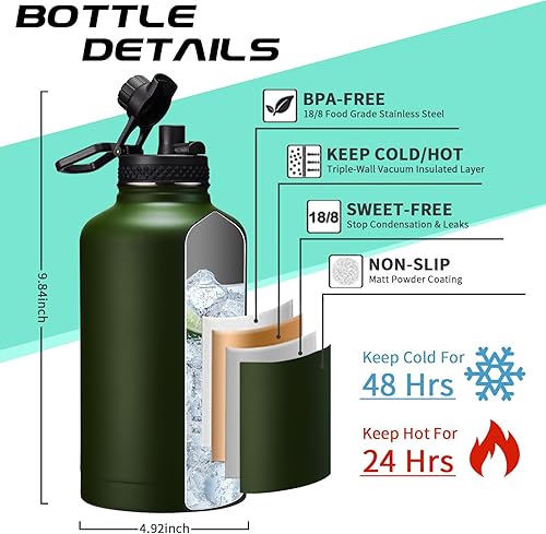 Miniatura 4 de Botella de agua aislada de 64 onzas con tapa de popote y boquilla, mantiene frío 48 horas y caliente 24 horas, de acero inoxidable, asa de cuerda de
