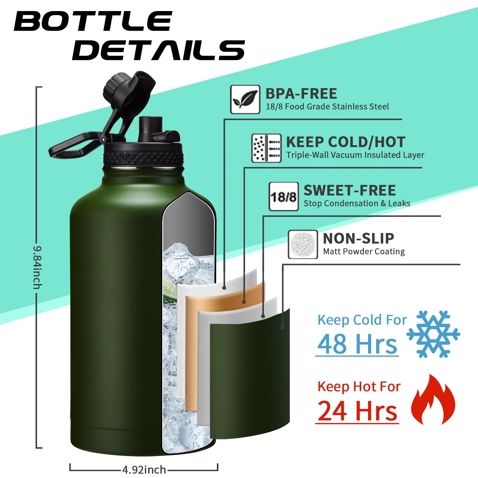 Botella de agua aislada de 64 onzas con popote y tapa de boquilla automática, (frío 48 horas y caliente 24 horas), jarra de agua de acero inoxidable de medio galón con asa de paracaídas, termo militar