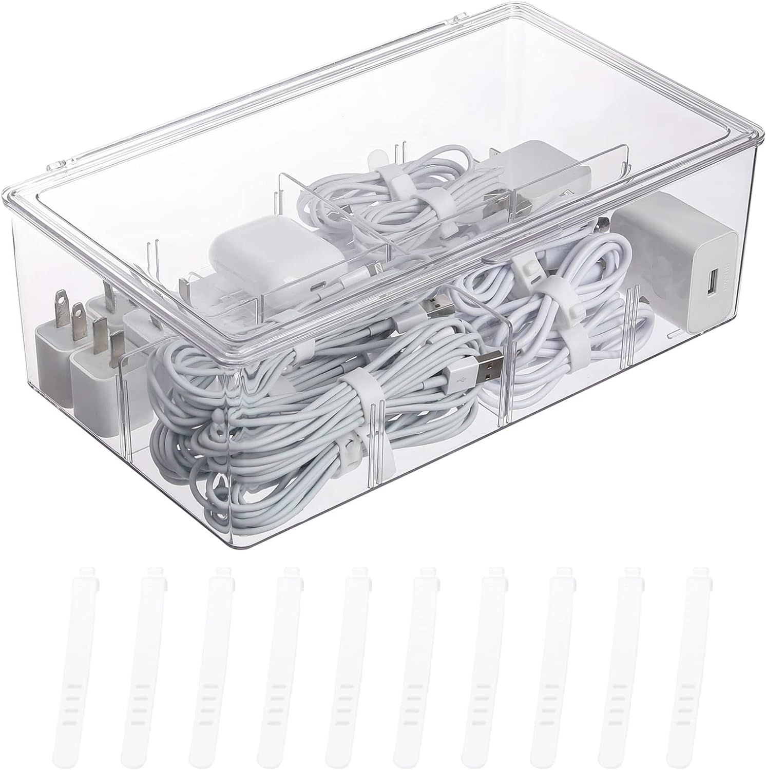 Yesesion Clear Plastic Cord Organizer Box with Adjustment Compartments, Large Cable Management Case with Lid and 10 Wire Ties for Desk Drawer, Home Office, Art Supply, Electronic Accessories (1 PACK) Large - 1 Pack