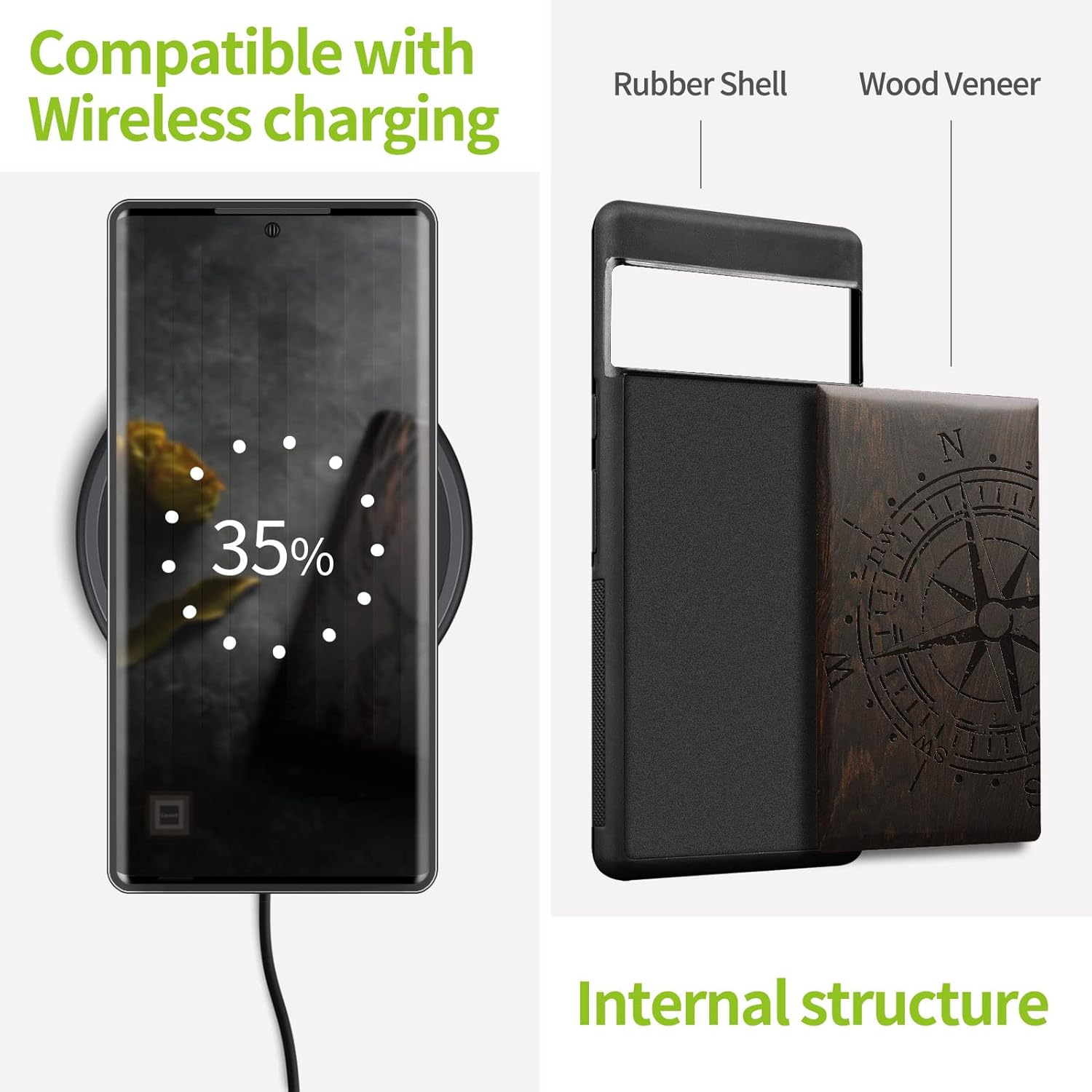 Carveit Wood Case for Google Pixel 7 Pro [Natural Wood & Black TPU] Shockproof Protective Cover (Blackwood, Vintage Compass)