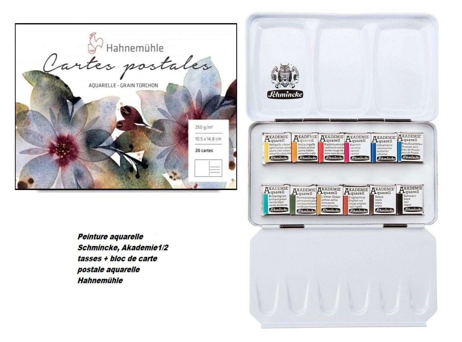Schmincke Aquarellfarbe, Akademie Aquarell Malkasten, Metallkasten, 12 x 1/2 Näpfchen + Hahnemühle Aquarell-Postkartenblock 10,5x14,8cm mit Pigma Micron Sakura (Geschenkset)