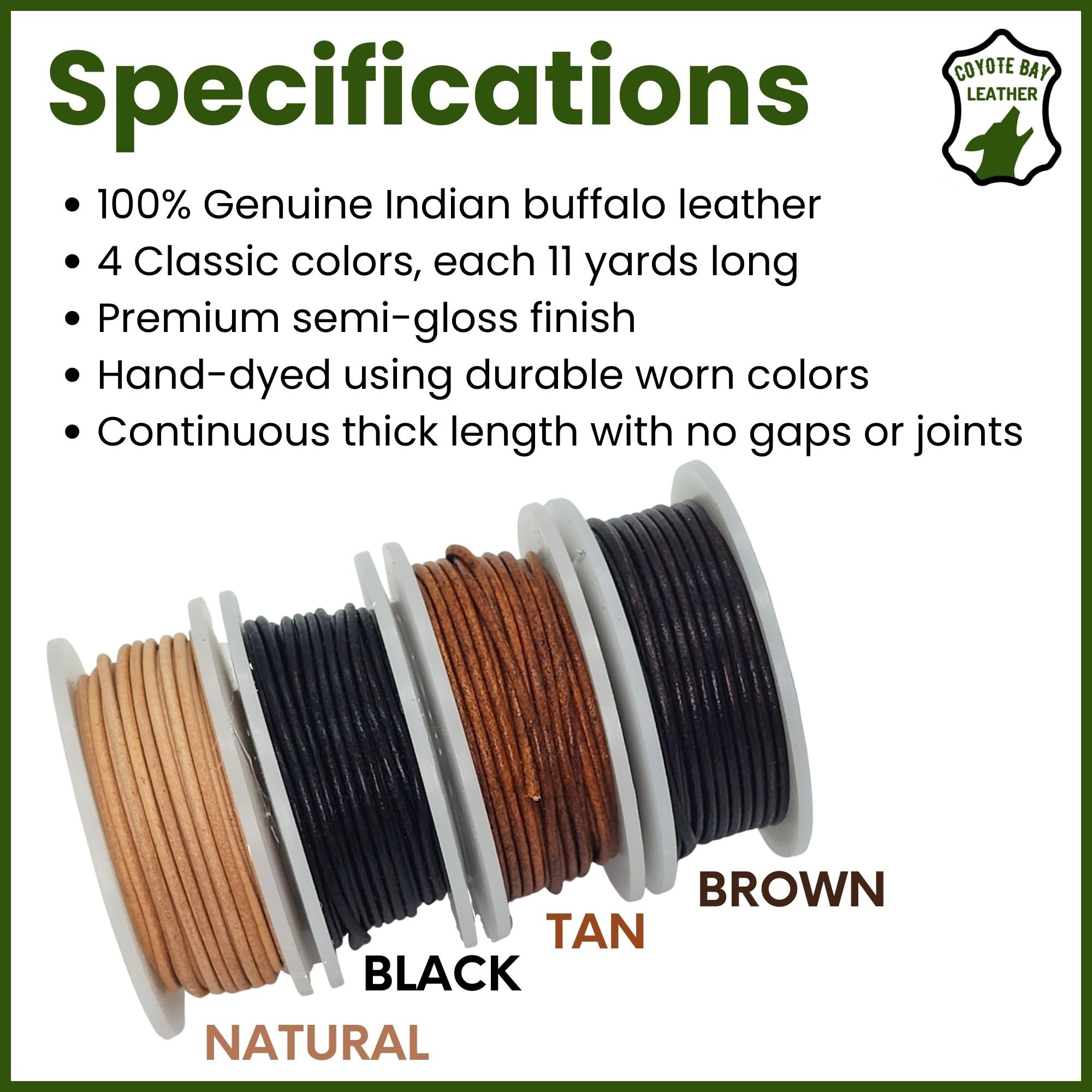 Coyote Bay® Genuine Leather Cord in 4 Classic Semi Gloss Colors Round Spool, 11 Yards Each, for Jewelry Making, Crafts and Hobby Projects (1.5 mm)