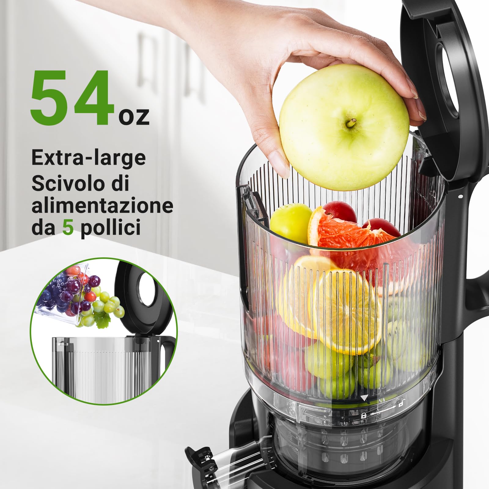 AOBOSI Estrattore frutta e verdura, 126MM XXL Grande Canale di Alimentazione per Frutta e Verdura Intere - Capacità 1,5L, 200 W Slow juicer, Triplo Filtro, Nero