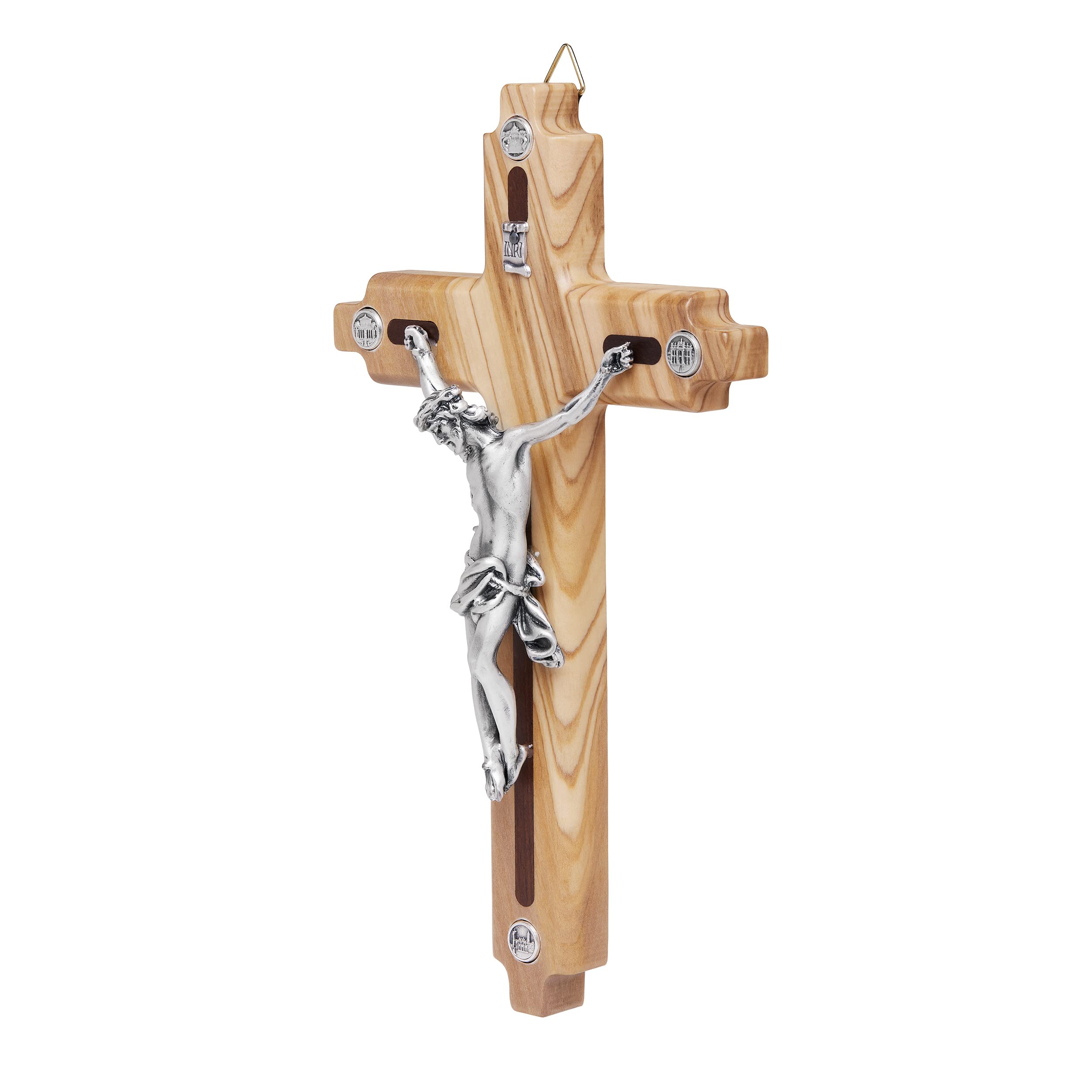 Mondo Cattolico - Crucifix wall cross Catholic Benedict During Pope's Angelus, Olive Wooden Crucifix with the Four Major Roman Basilicas Medals - Jesus Crucifix 8.26