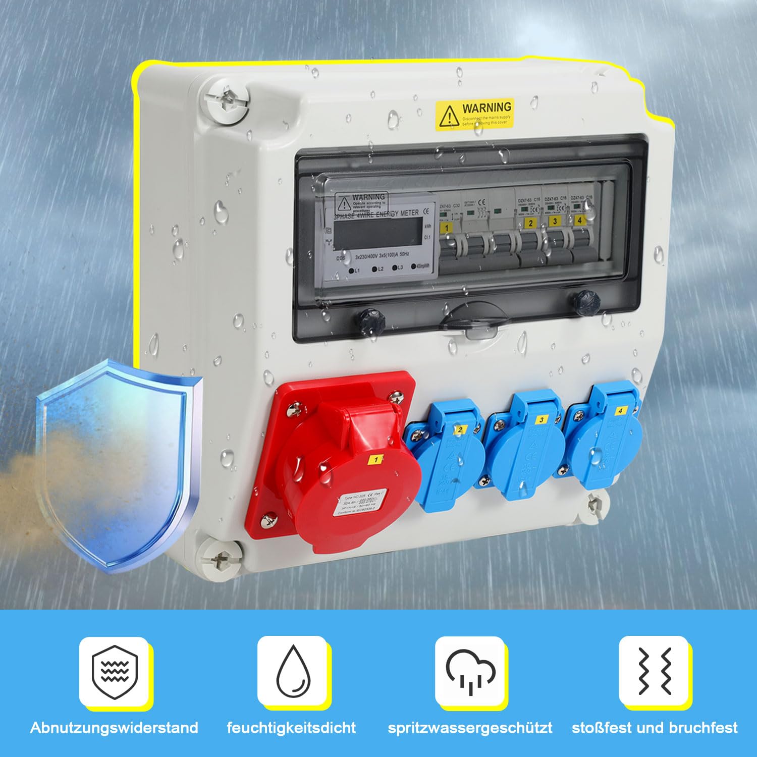 Distribuidor de pared, distribuidor de corriente para construcción, 3 x 16 A, 230 V, 1 x CEE+32 A, 5 pines con interruptor de protección MCB, distribución de corriente de 3 fases, IP44, con