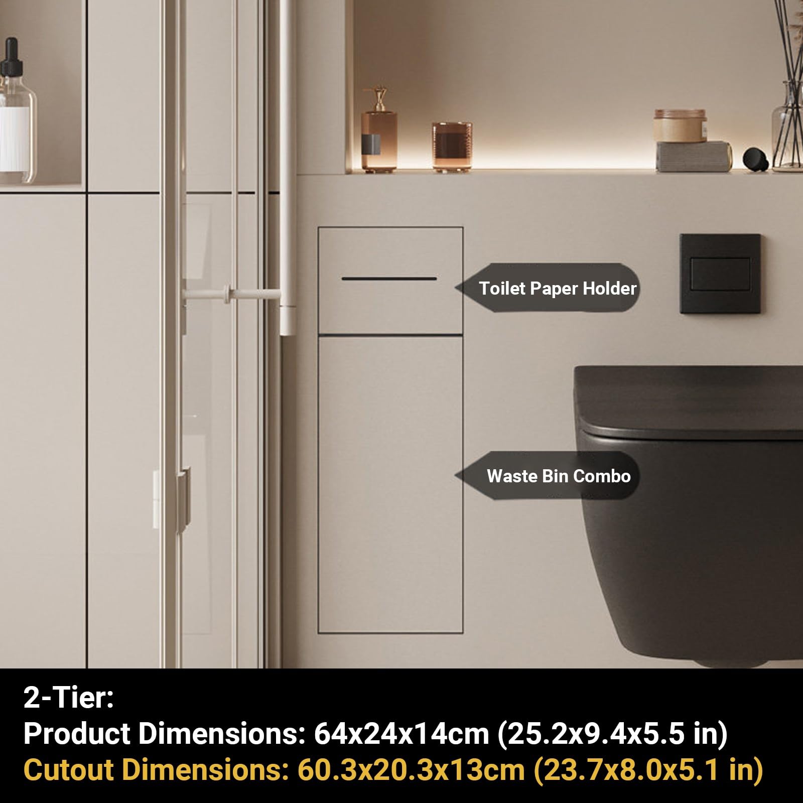 Nicho de Pared para alicatar, Portarrollos con Papelera Oculta, Mueble Empotrado de baño en Acero INOX 304, Diseño Minimalista 4-en-1