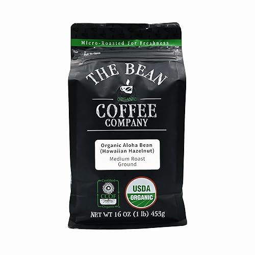 The Bean Coffee Company, Aloha Bean (avellana hawaiana), tostado medio, molido, 16 onzas, 1 bolsa, certificado orgánico, tostado en los Estados
