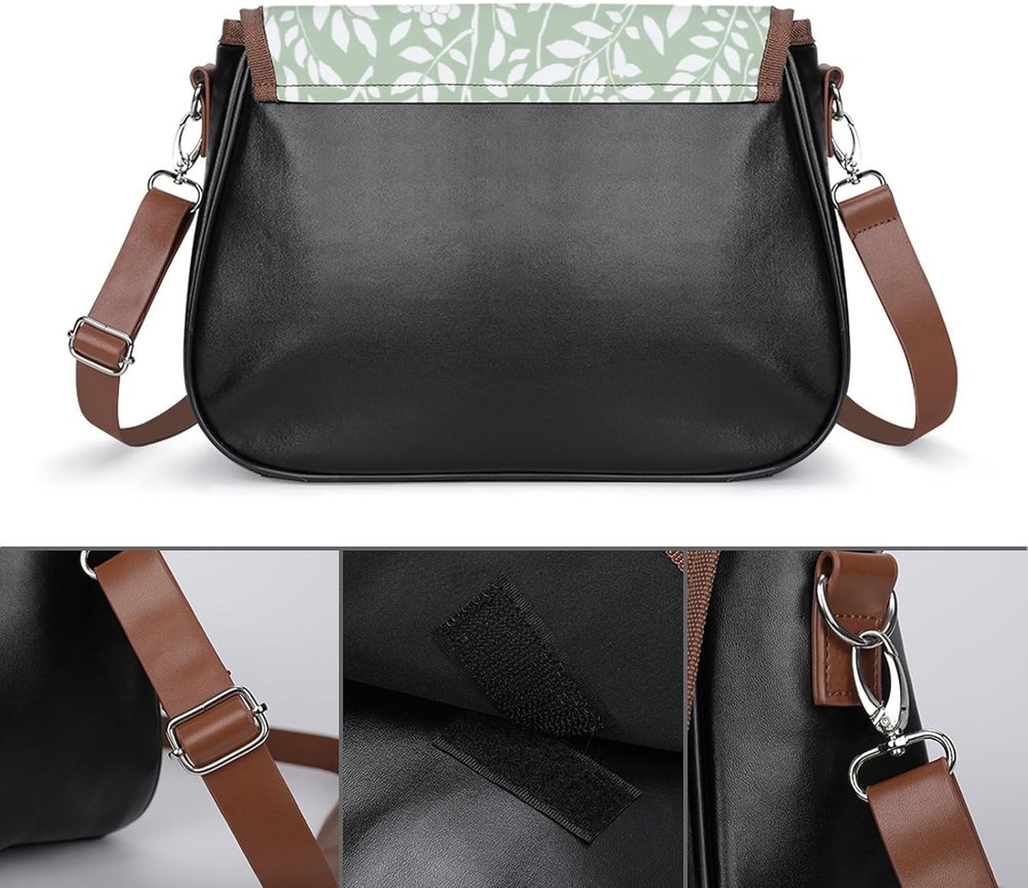 Chic Botanical Sage Green FoliageWomen's Faux Leather Crossbody Bag, Waterproof Wrinkle-Resistant Shoulder Bag with Detachable Strap, Large Capacity Casual Handbag, Fashion Daily Purse for Shopping Wo