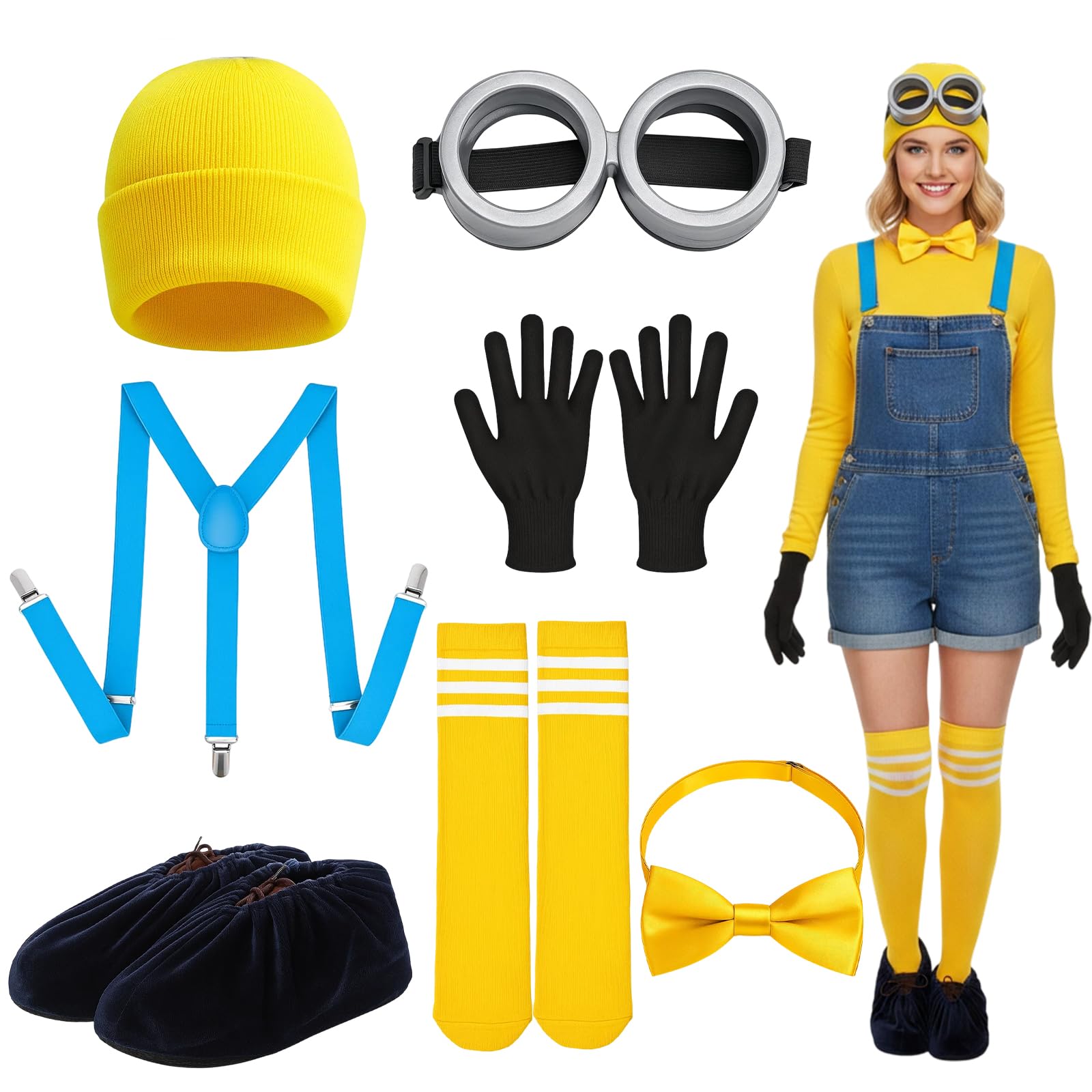BFSYRR Yellow Costume, 7 Piece Carnival Set for Halloween Parties and Cosplay Events Includes Hat, Glasses, Gloves, Socks