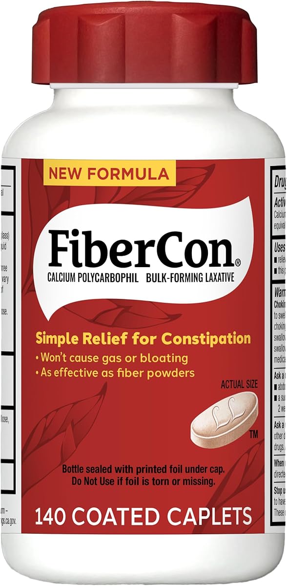 Fibercon FiberCon Fiber Therapy Coated Caplets, Safe, Simple & Comfortable Insoluble Fiber for Bowel Irregularity, Comfortable Constipation Relief with No Gas or Bloating, 140 Caplets