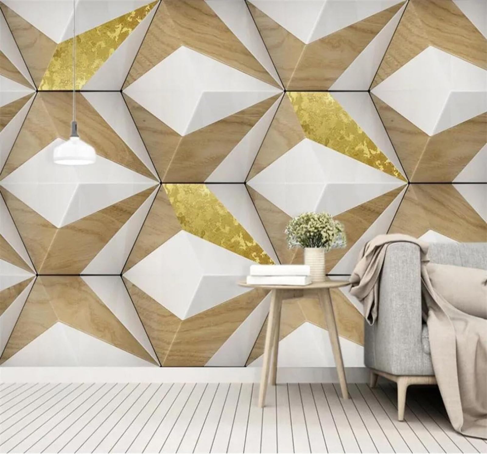 Tzxztt 300Cm×210Cm(B×H) Abstract Triangles Woodgrain Gold Patchwork Modern 3D Wallpaper Premium Textured Silk Neutral Tones Material Ideal For Living Room Bedroom-300Cm×210Cm