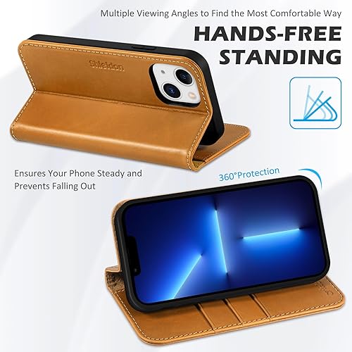 Miniatura 5 de SHIELDON Funda para iPhone 13 5G, piel auténtica, duradera, con función atril, bloqueo RFID, tarjetero de crédito, magnética, a prueba de golpes,