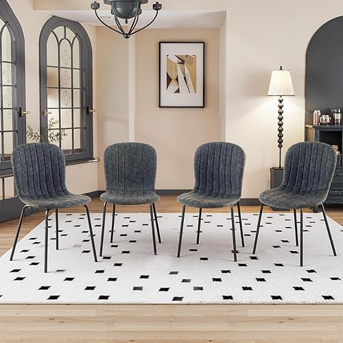 Vista 14 de Juego de 2 sillas de comedor, modernas sillas de comedor de piel sintética de mediados de siglo con patas de metal negro, cómoda silla de cocina