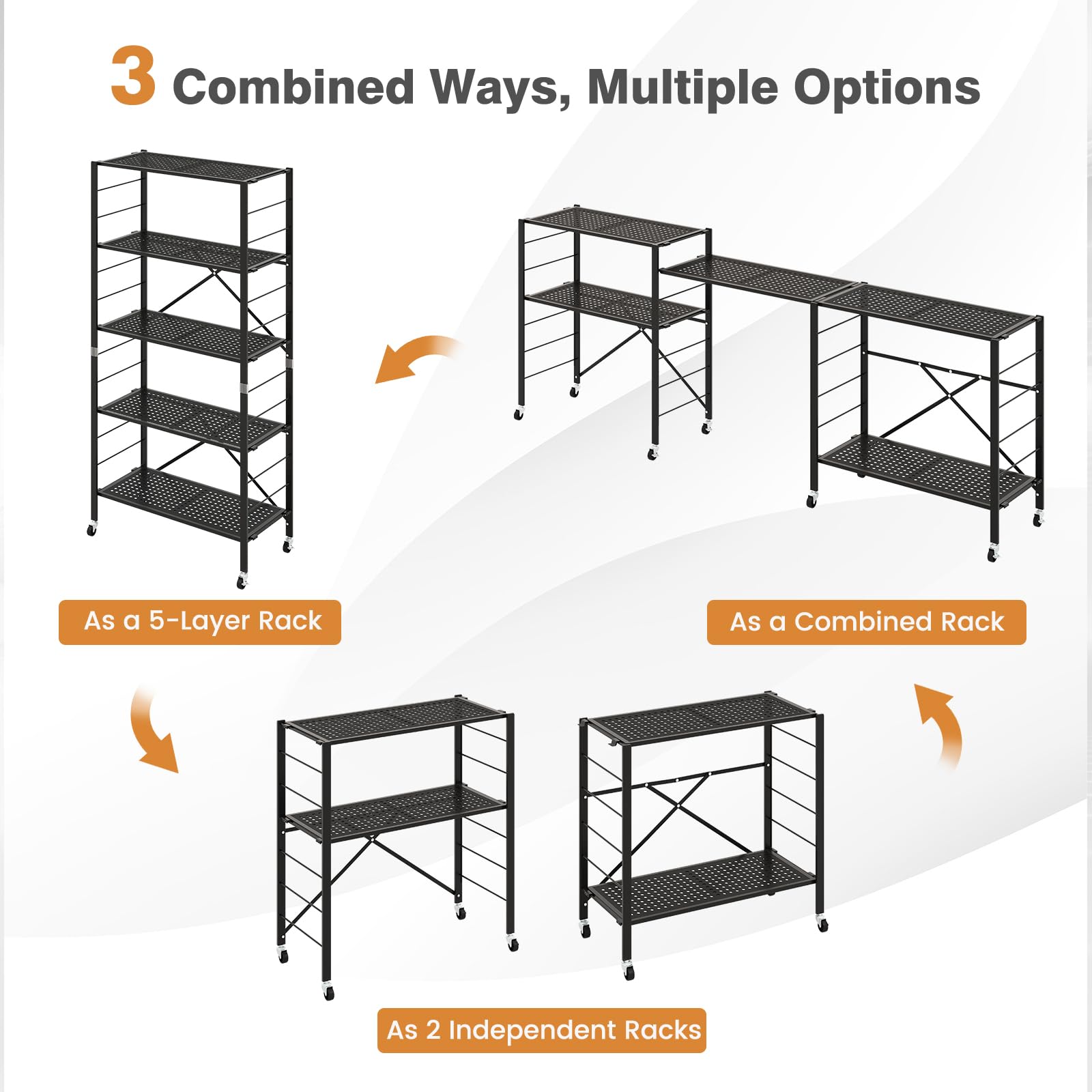 Giantex 5-Tier Folding Bookshelf with Wheels, Black Metal Shelves, 60