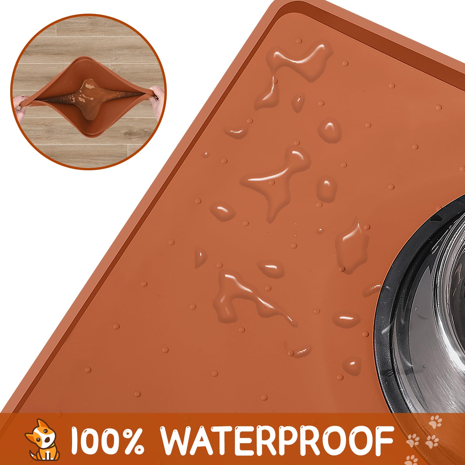 MateeyLife Tapis de Nourriture Marron pour Animaux de Compagnie 24 x 16 x 0,6 cm, Tapis d'Alimentation en Silicone Antidérapant pour Chien, Eau et Gamelle