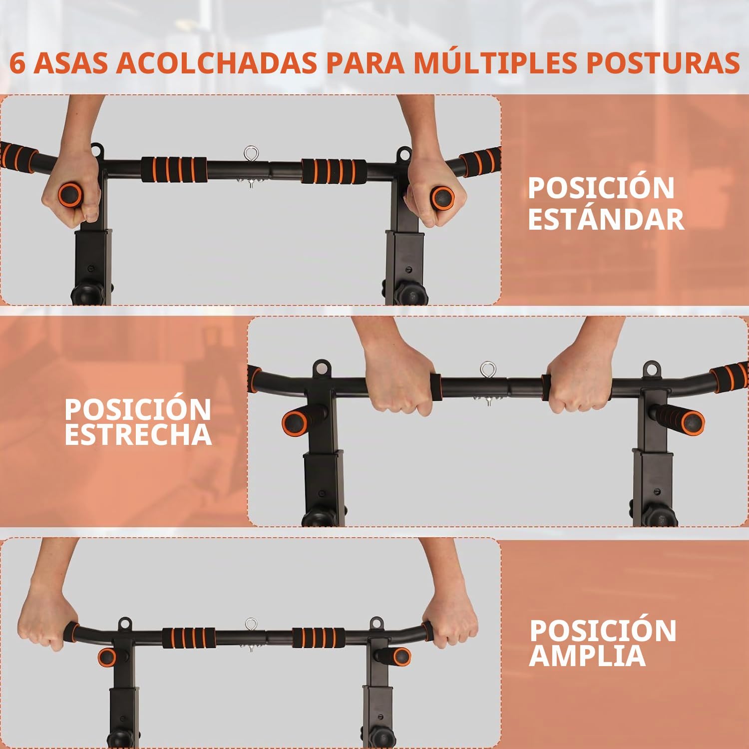 Barra de dominadas de altura ajustable resistente hasta 200 kg con agarres antideslizantes, equipo de entrenamiento de fuerza para el hogar y el gimnasio