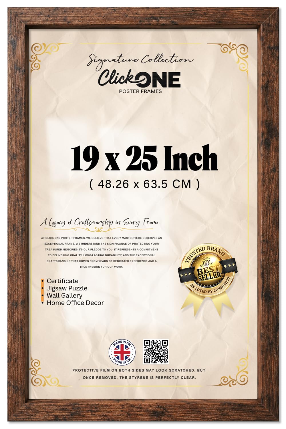 Click One 19 x 25 inch Rustic Flat Style Engineered Wood Medium Picture Frame 48.26 x 63.5 CM| Gallery-Ready Slim Profile for Wall Display with included Hanging kit