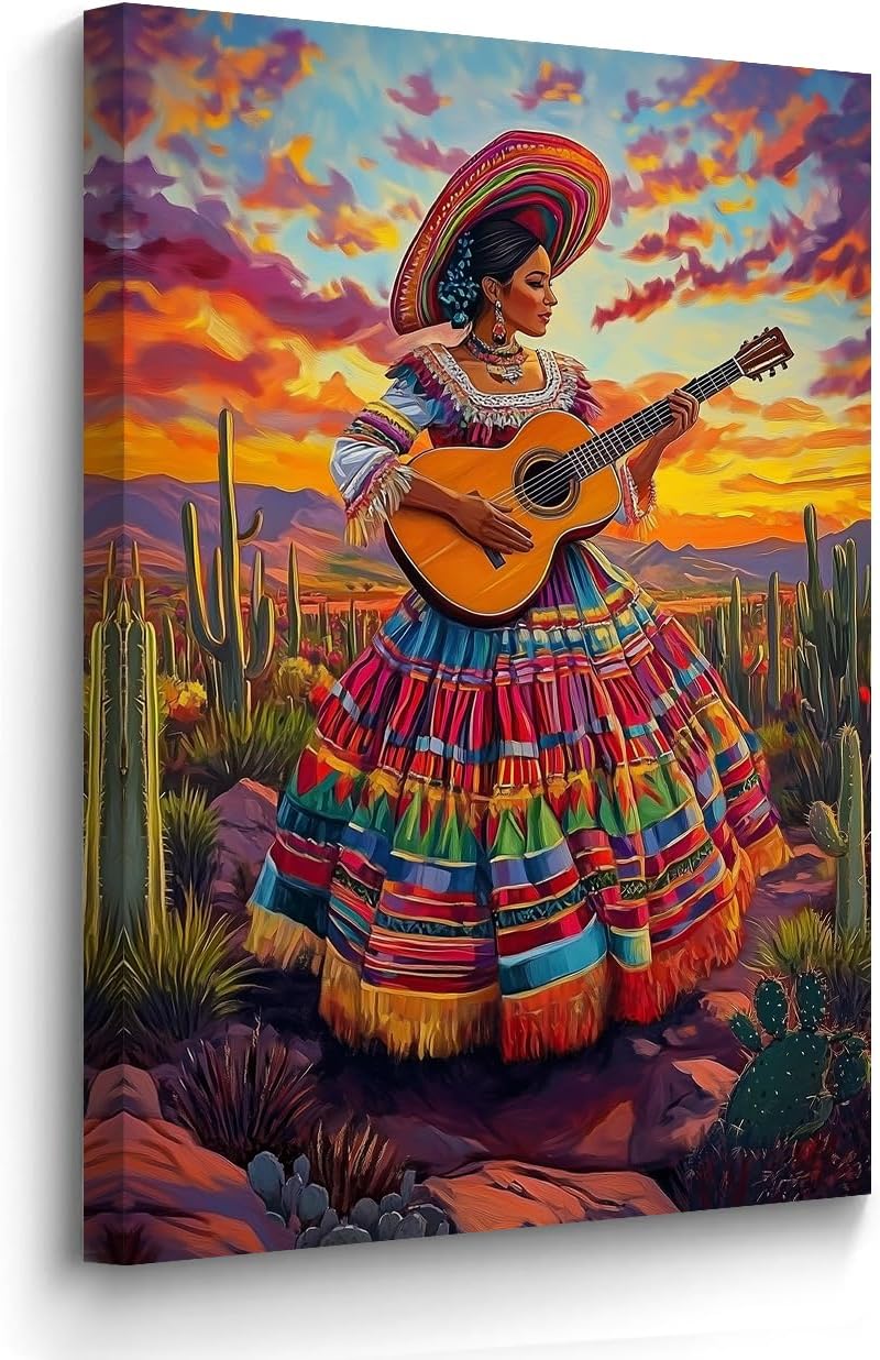 BJYCHG Mexican Wall Art Mexican Woman Playing Guitar Canvas Art Cactus Landscape Pictures Prints Southwest Desert Painting for Home Decor Framed (Red, 18L x 12W)