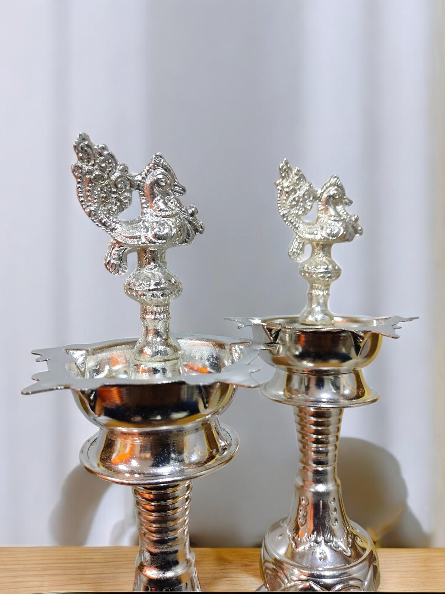 Sigaram German Silver 11 Inch Peacock Handle Ring Design Diya for Home Pooja, Temple Decor K4414