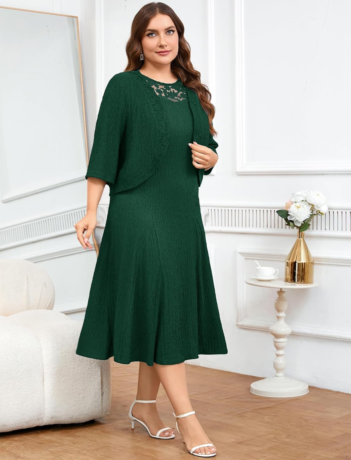 ZOMVA Plus Size Mother of The Bride Groom Dresses for Curvy Women 2 Piece Wedding Guest Dress with Jacket Tea Length - Image 5