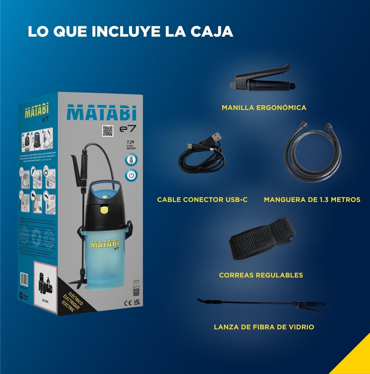 Matabi e7 Pulverizador Eléctrico 5L -Autonomía 50L Sistema Start/Stop USB-C | Sulfatadora Batería con Manguera 1,3m - Boquilla Cónica Regulabre - Indicador Led - Lanza 36cm - Para Jardín y Huerto