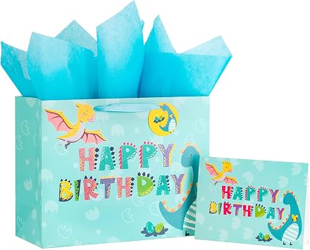 Loveinside Dinosaur Gift Bag for Boys, Medium Size Bag with Tissue Paper, Tag, Greeting Card, Blue Glitering Dinosaur and Happy Birthday for Kids Birthday and Theme Party, 13" x 5" x 10", 1 Pcs