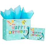 Loveinside Dinosaur Gift Bag for Boys, Medium Size Bag with Tissue Paper, Tag, Greeting Card, Blue Glitering Dinosaur and Happy Birthday for Kids\' Birthday and Theme Party, 13 x 5 x 10, 1 Pcs