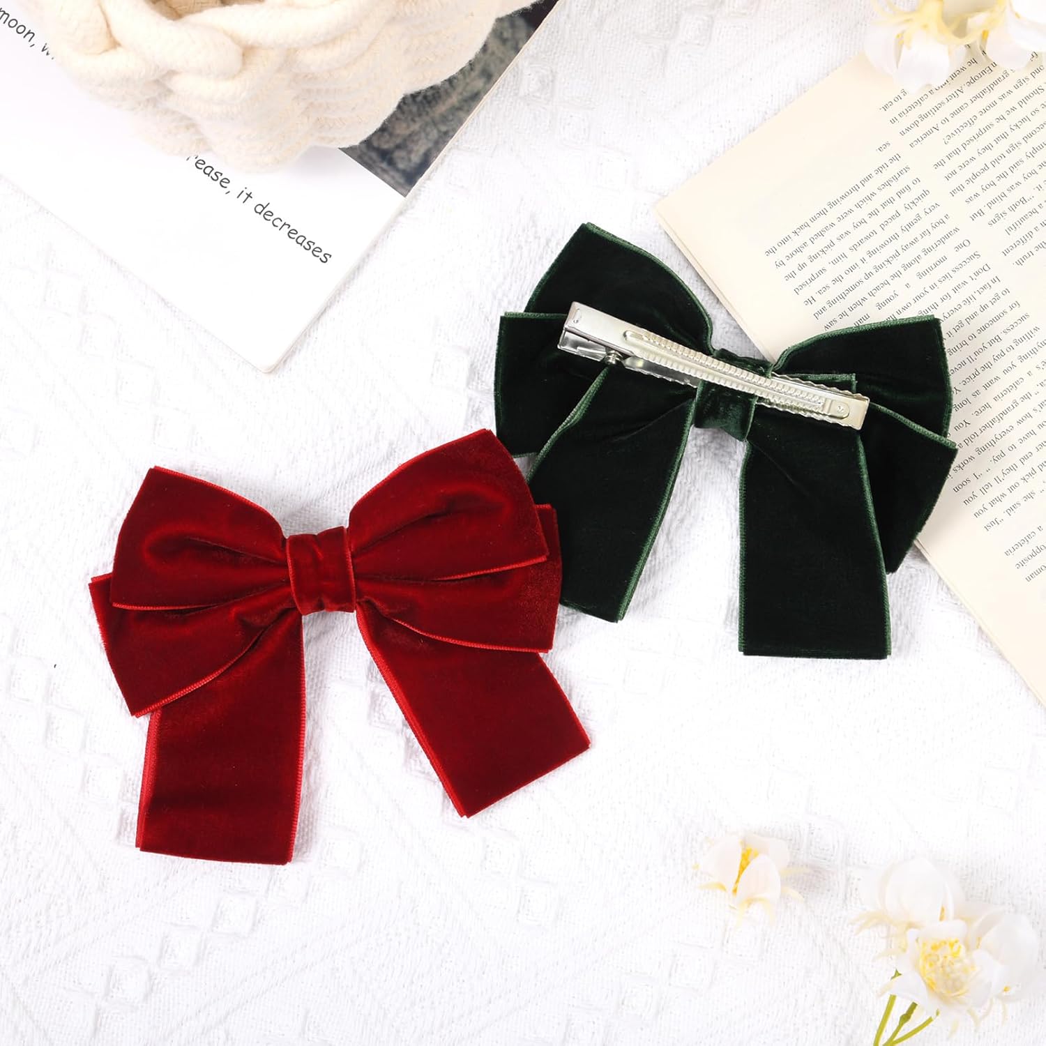 2PCS Velvet Hair Bows Hair Ribbon Clips Big Fall Alligator Clips Hair Accessories for Women Girls Toddlers Kids Baby Green Wine red - Image 7