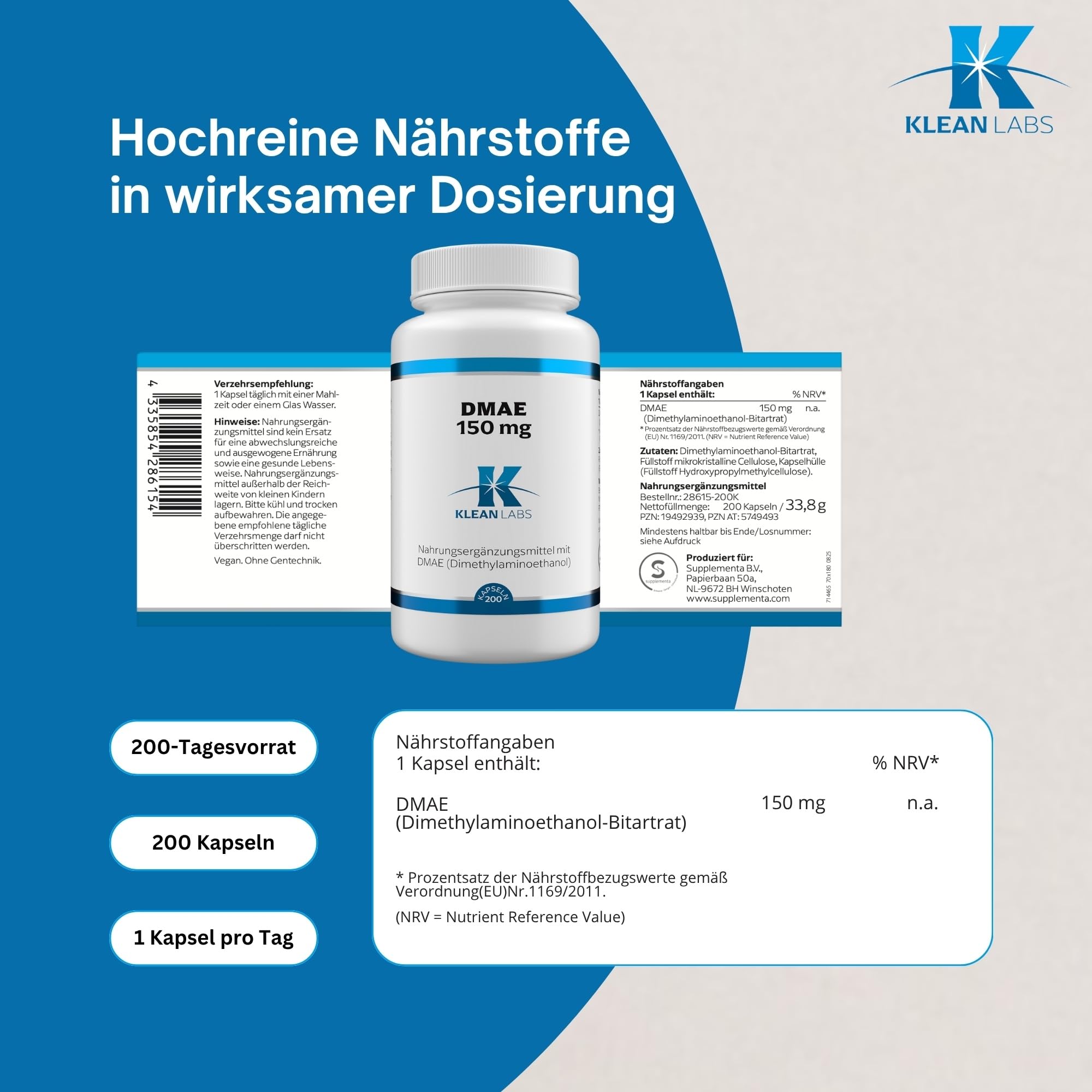DMAE (Dimethylaminoethanol) 150mg pro Kapsel - 200 Kapseln - vegan, ohne Gentechnik, ohne unerwünschte Zusätze & hochdosiert