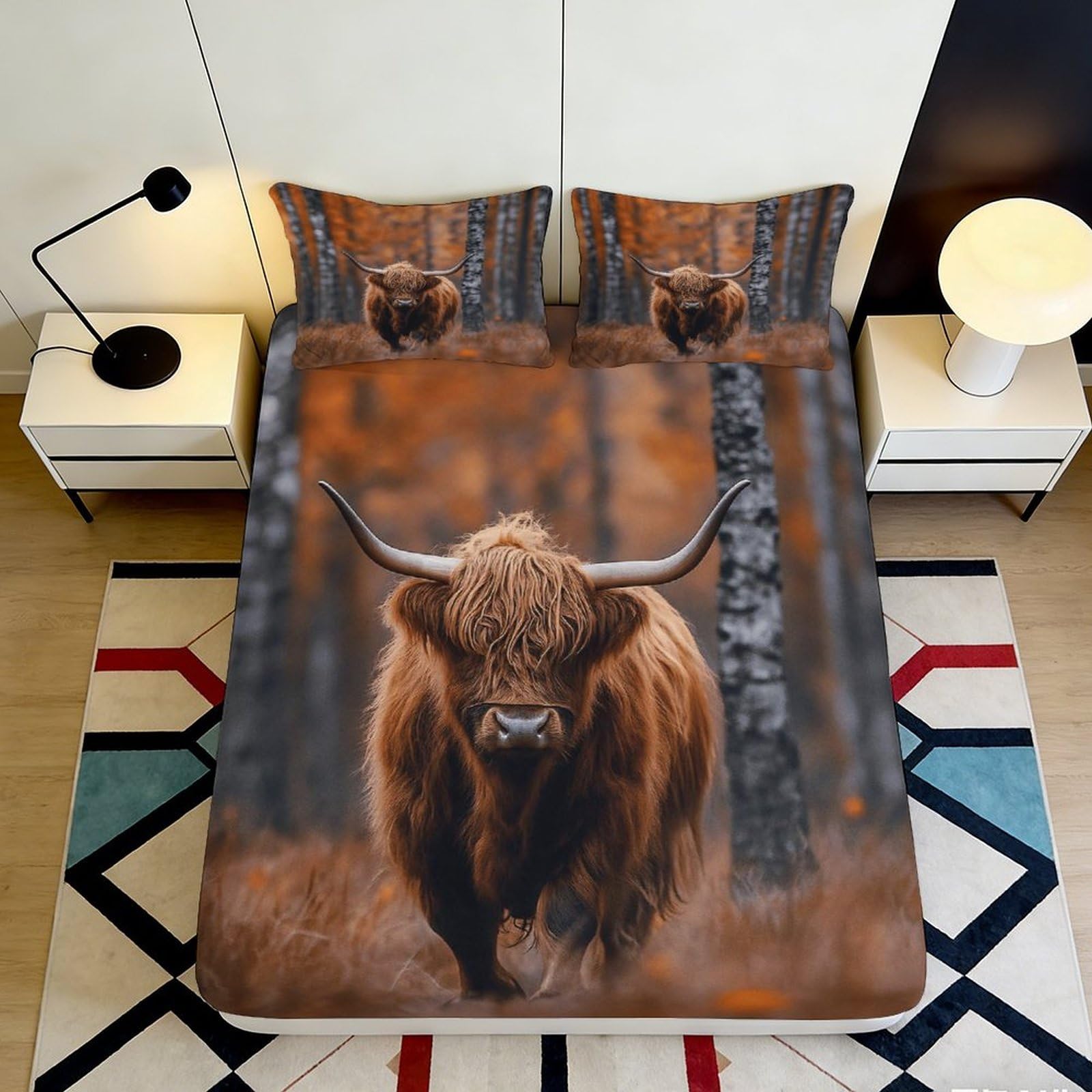 3D Printed Highland Cow Fitted Sheet Microfiber Autumn Forest Mattress Cover for Bedroom Dorm Mattress Protection Decor 120x200x25cm